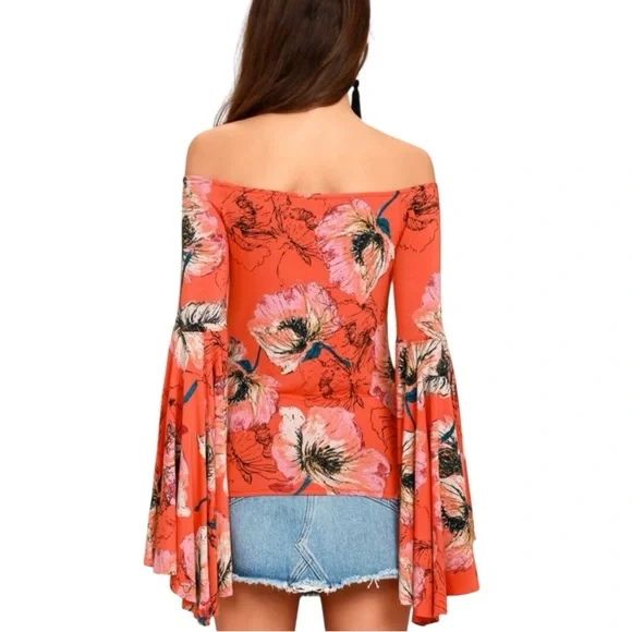 FREE PEOPLE WE THE FREE ORANGE FLORAL OFF THE SHOULDER BELL SLEEVE FITTED TOP - Picture 8 of 15